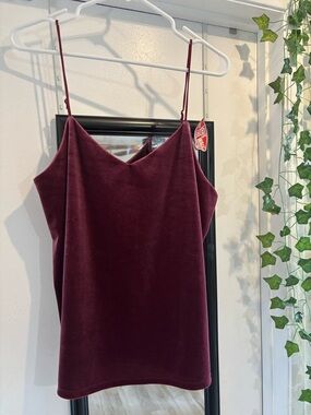 Velvet V-Neck Spaghetti Strap Tank Top - Burgundy